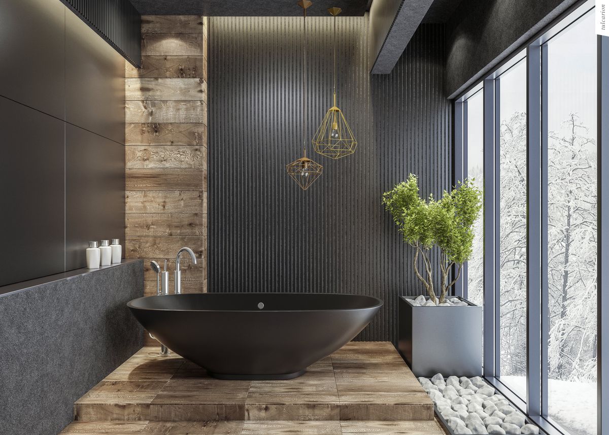 Baño moderno y minimalista con bañera espaciosa, lavabo elegante y